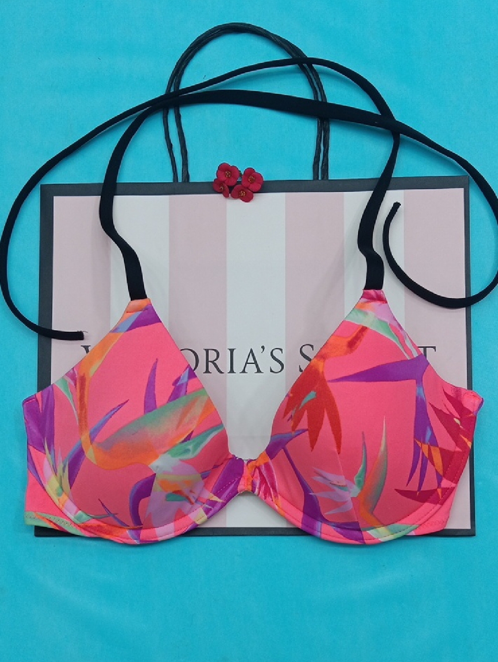 Victoria's Secret Neon Pink and Turquoise Push-Up Bikini Top Size M